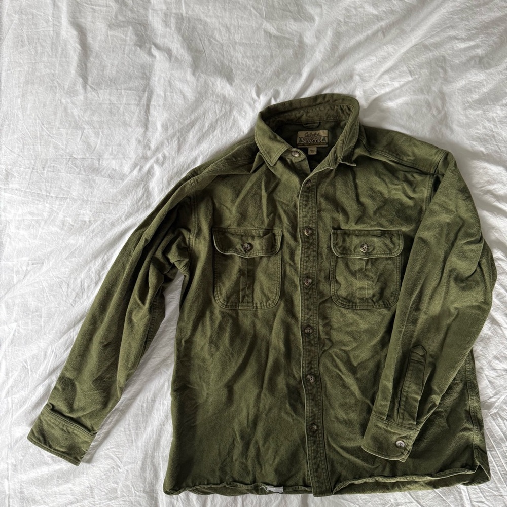 VINTAGE Cabela's Men Button Up Shirt LARGE Green Deerskin Soft Chamois